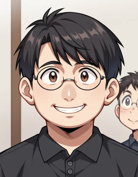 score_9, score_8, one boy,adult, round face,wearing glasses,short hair,hair up,slightly overweight,black hair, brown eyes, black...