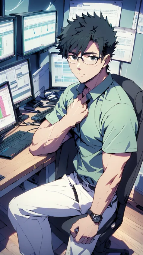 ((Highest quality)), ((masterpiece)), (detailed), Highest quality、High resolution、８K、Wearing a green shirt、With two accurate hands５Finger、One adult male、33 years old、Dark Eyes、Black Hair、Japanese anime-like style、超High resolutionかわいい萌えアニメ8k、handsome face m...