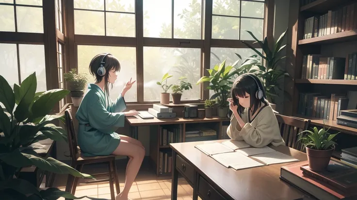 Create a tranquil scene perfect for a lo-fi music video. The setting is a japanese  in a cozy study nook in a quiet library. The space features a wooden desk cluttered with open books, a laptop, and a steaming cup of tea. Soft, warm light filters in throug...