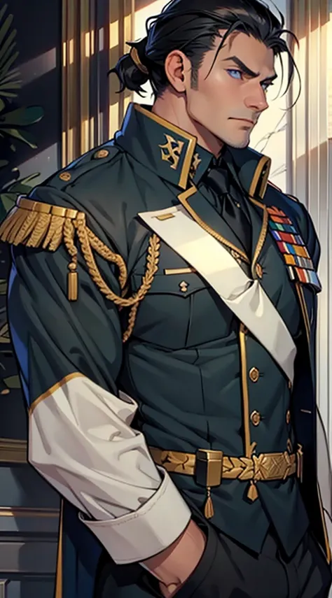 masterpiece，Best quality，illustration，lifelike，Photorealism，Facial details，Official Art，light，Tie military uniform，1 man，hansome，male，[[[［muscle］]],｛Large back hair style｝，Neat hair，Black hair，Short hair，blue eyes，serious，Looking at the audience
