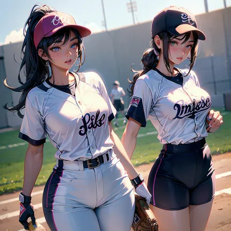  masterpiece, (textured skin), best quality, gorgeous beautiful girl, (a female softball athlete), detailed clothes,large breasts,narrow waist,, (beautiful face), cinematic lighting, (at softball venue ),