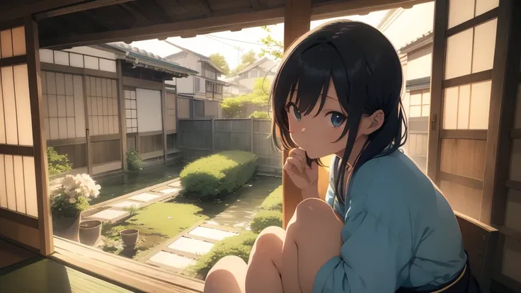 An old anime character sitting sitting in the terasse of an old japanese house, chilling at the view of her garden. summer chill vibes. The colors are soft and pastel, with soft lighting and a nostalgic ambiance, Lo-Fi, , cute girl, side view, wide view, j...