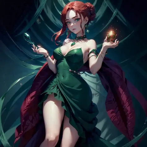 Girl with red hair and emerald green dress with many jewels and with red magic in her hands