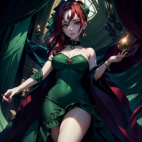 Girl with red hair and emerald green dress with many jewels and with red magic in her hands