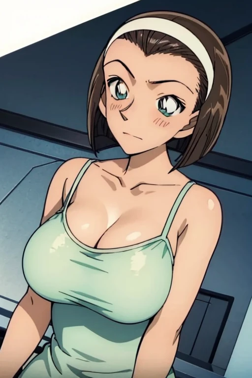 looking at the camera、When I Look at You、lookatviewer、Anime Style、Eroge、1 Girl,  (Huge breasts), (Tight white camisole dress)、Low Angle、Brown haired, hair band、Bob Hair、The forehead is visible、blush,The whole body is visible:1.5