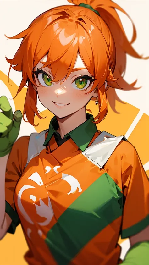 Orange clothes、Orange Hair、ponytail、Beautiful green eyes、Wicked Smile、Shrimp mascot、Upper body close-up