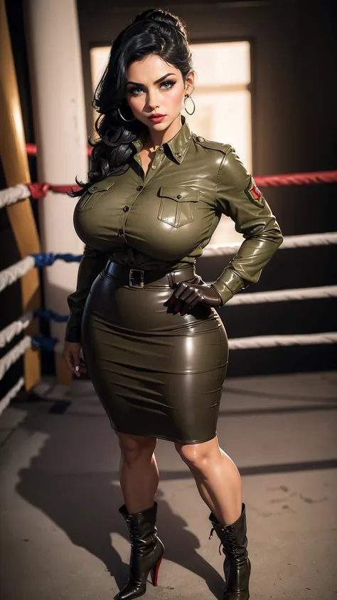 (​masterpiece, Top quality, best quality, official art, beautiful and aesthetic: 1.2), (busty mature thicc Denise Milani), extremely detailed, colourful, Highly detailed, (short, straight jet-black hair:1.3), (green eyes), ((khaki leather formal army shirt...