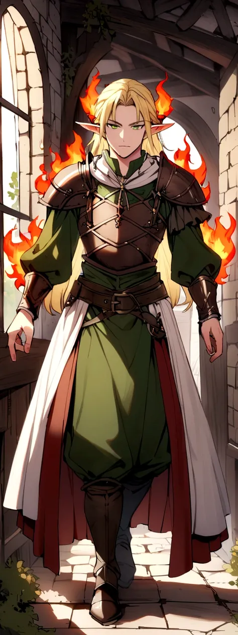 adult man, Short blonde hair, elf ears, greeneyes, medieval outfit with leather armor