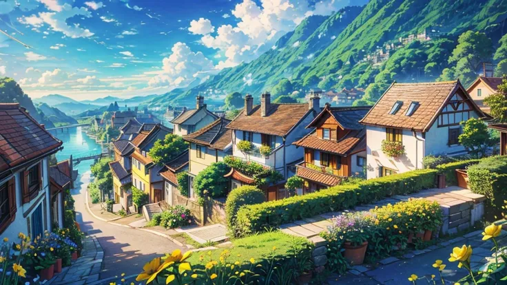 swiss town, By the sea, view, house, in the air, sky, window, plant, sky, grass, cloud, plantในกระถาง, green tree, door, flower pot, Blue sky, architecture, chimney, yellow flower, rose, Miyazaki style