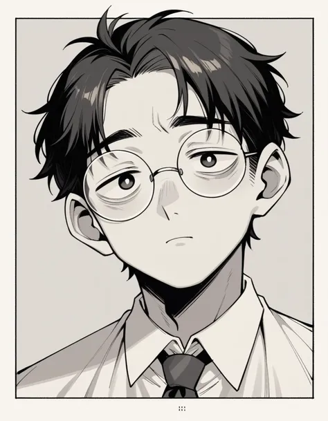 score_9, score_8, one boy,adult, round face,wearing glasses,short updo,hair up,i&#39;m a little overweight,black hair, brown eye...