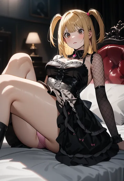 1girl,solo,(amane misa, death note:1.1),super detailed skin,shiny skin,embarrassed,,blonde hair,sidelocks,short twintails,long hair,medium breasts,Punk Lolita,gothic skirt,pink Jeweled panties,reclining on bed,2D,anime,girls lolita bedroom,masterpiece,best...