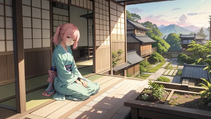 An old anime character sitting sitting in the terasse of an old japanese house, chilling at the view of her garden. summer chill vibes. The colors are soft and pastel, with soft lighting and a nostalgic ambiance, Lo-Fi, , cute girl, side view, wide view, j...