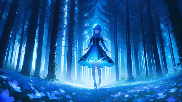 Magical Forest，Maiden in flowers，blue flower，night，Dark Environment，Bluish，dark