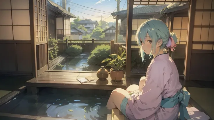 an old anime character sitting sitting in the terasse of an old japanese house, chilling at the view of her garden. summer chill...