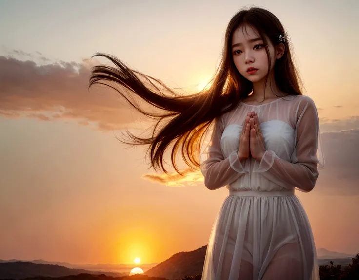 make a girl with high definition of facial expressions, beautiful in white with transparent clothes, almost like an angel praying with an incredible landscape in the background and the sun rising with the colors of dawn with the orange sky and the vibrant ...