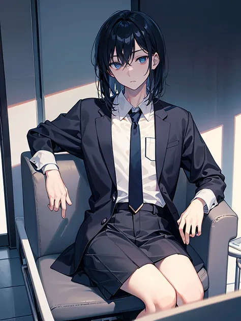 male，sitting, crossed legale，company president，medium length hair，expressionless，, long sleeve shirt
