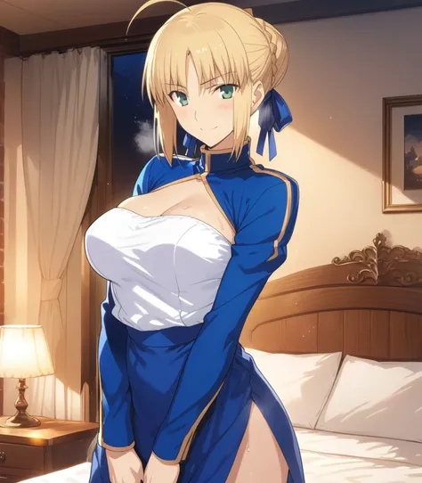 best quality, amazing quality, very aesthetic, 1girl, saber, fate/stay night, 1girl, saber, fate/stay night, , (artist official art:1.5), french braid bun hair, ahoge_hair, green eyes, steaming body, large breasts, jitome, cinematic light, official_blue_lo...