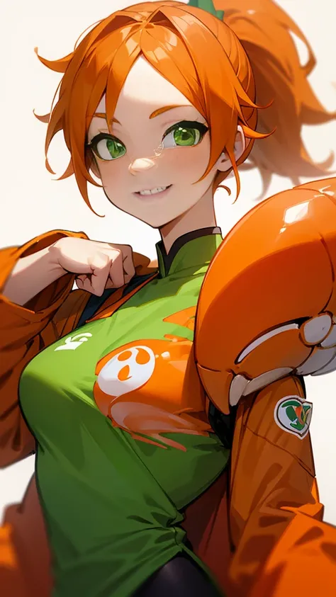 Orange clothes、Orange Hair、ponytail、Beautiful green eyes、Wicked Smile、Shrimp mascot、Upper body close-up