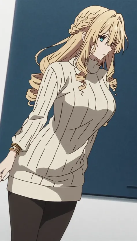 masterpiece, best quality, screencap, Violet Evergarden, 1girl, solo, blonde hair, long hair, curly hair, drill hair, blue hairband, sweater dress, ribbed sweater, golden corners, bracelet, jewellery, black pantyhose, adult, large breasts, white background...