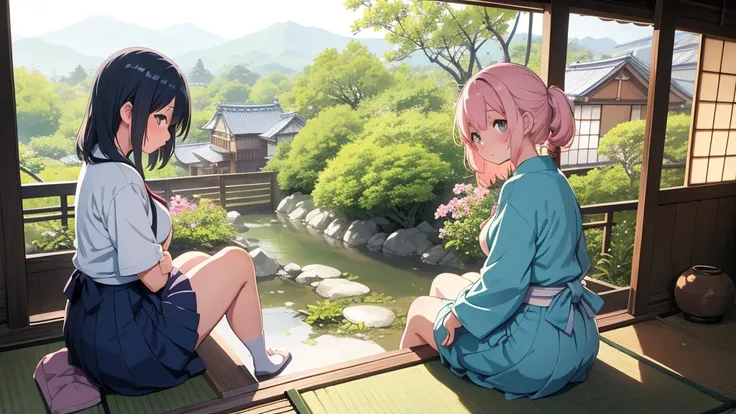 An old anime school girl character sitting sitting in the terasse of an old japanese house, relaxing at the view of her garden. summer vibes. The colors are soft and pastel, with soft lighting and a nostalgic ambiance, Lo-Fi, , cute girl, side view, wide v...