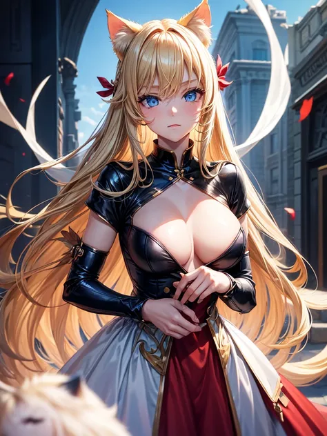 Please change the filled areas to part of the dress..,cat girl,long blonde hair,blue eyes,sexy,big chest,dressed as a sexy white and red warrior 