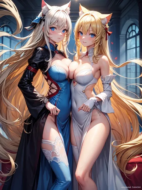 Please change the filled areas to part of the dress..,cat girl,long blonde hair,blue eyes,sexy,big chest,dressed as a sexy white and red warrior 