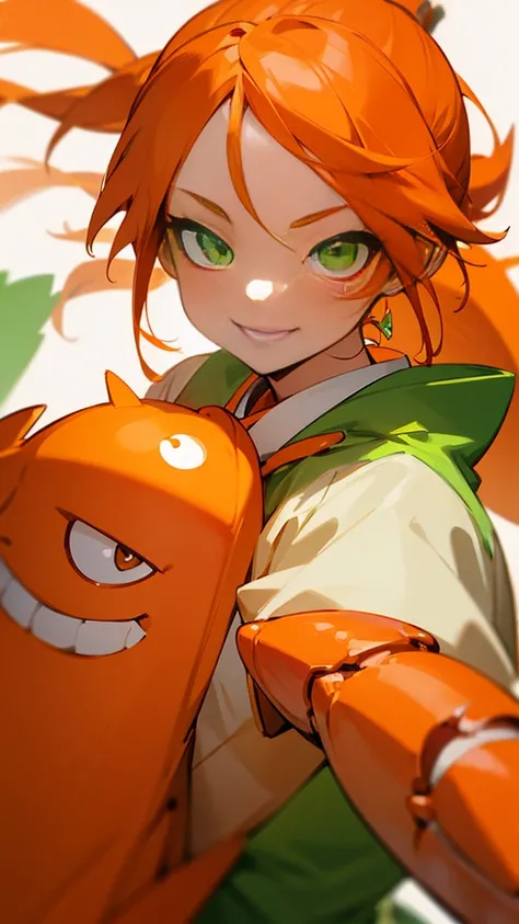 Orange clothes、Orange Hair、ponytail、Beautiful green eyes、Wicked Smile、Shrimp mascot、Upper body close-up