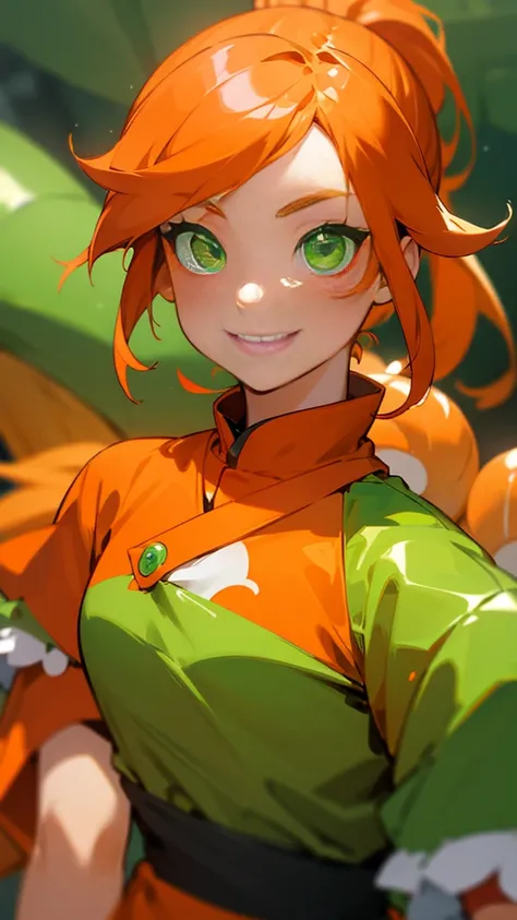 Orange clothes、Orange Hair、ponytail、Beautiful green eyes、Wicked Smile、Shrimp mascot、Upper body close-up