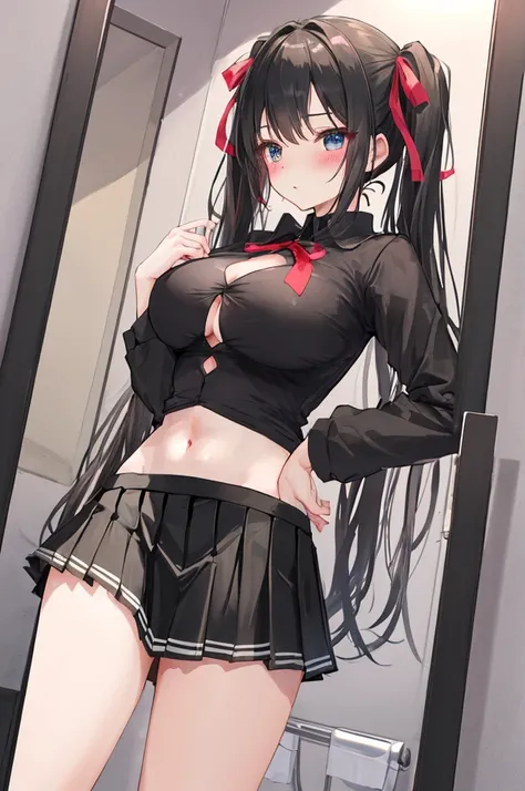 A woman with big ，Black long hair，twintails，Exquisite，Ribbon，skirt，Slim waist，Show your belly button，掀起skirt子，blush，A cute daughter，Large bathroom，