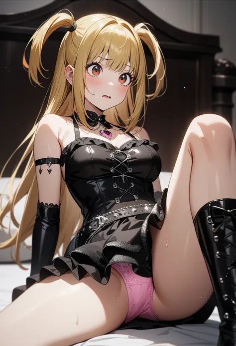 1girl,solo,(amane misa, death note:1.1),super detailed skin,shiny skin,embarrassed,,blonde hair,sidelocks,short twintails,long hair,medium breasts,Punk Lolita,gothic skirt,pink Jeweled panties,knee up,reclining on bed,anime,girls lolita bedroom,masterpiece...