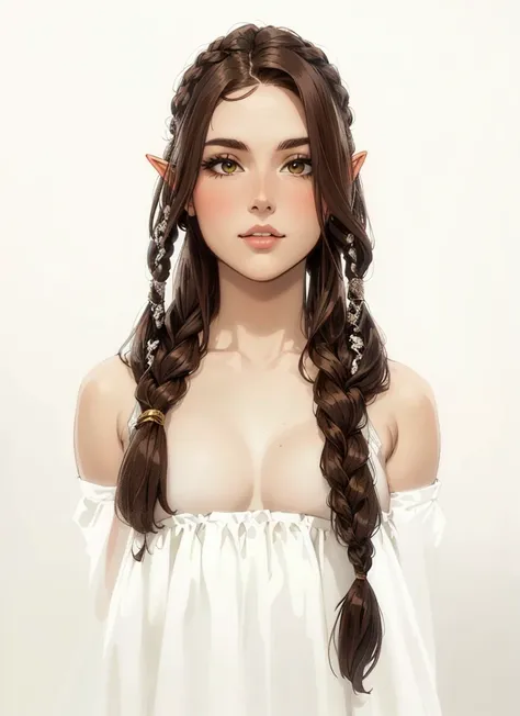 arafed woman with long hair and braids in a white dress, elf long weaving brown hair, pigtails hairstyle, long braided hair on top of head, long flowing braided hair, elegant fantasy style braids, long dark braided hair, braided brown hair, pigtails hair, ...