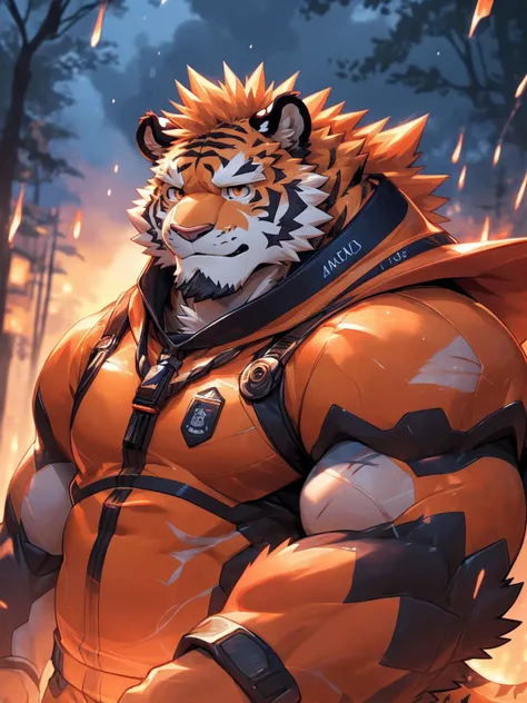 human nature, Wildlife, male,36 years old，Uncle， solitary, ((Round Face, The face is plump,Orange eyes,Thick orange hair，With scars)), ((Endomorph, Handsome，Hot Blood)), （Mecha suit，No electricity，exhaustion), ((domestic tiger, tiger，) Fluffy fur, Fluffy),...