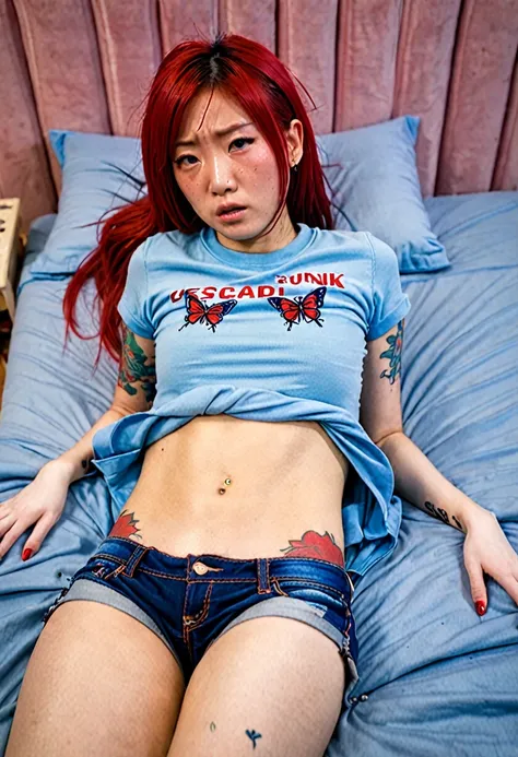 Uhd, photo of Cami, subject: Noriko, 1/2 Japanese 1/2 Hainu skinny girl in blue bed with long red hair, blue+++ eyes, oval face, LGBTQIA+, queer, punk style, wearing short blue top and blue jeans shorts, buttefly hairclip, tattooes.  She is crying and sad,...