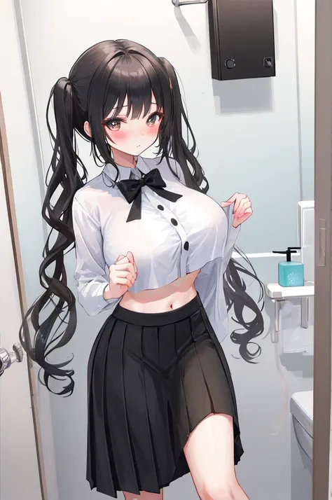 A woman with big ，Black long hair，twintails，Exquisite，skirt，Slim waist，Show your belly button，掀起skirt子，blush，A cute daughter，Large bathroom，