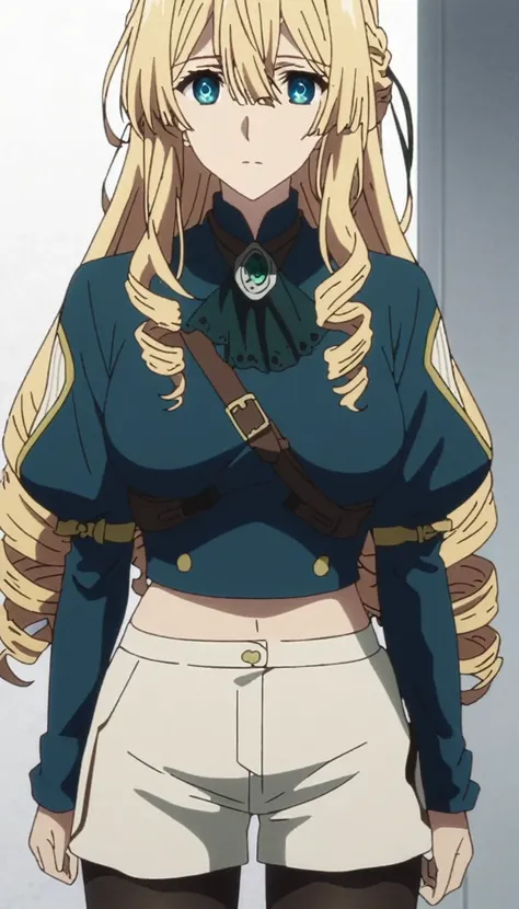 masterpiece, best quality, screencap, Violet Evergarden, 1girl, solo, blonde hair, long hair, curly hair, drill hair, blue hairband, slave collar, gray crop top, arm belta, shorts, black pantyhose, adult, large breasts, white background, empty look, lookin...