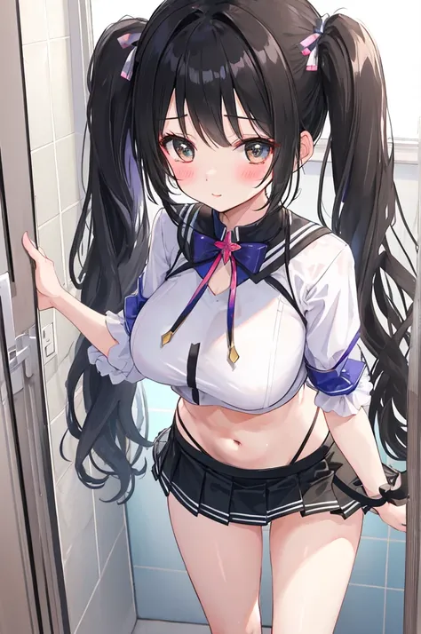 A woman with big ，Black long hair，twintails，Exquisite，skirt，Slim waist，Show your belly button，掀起skirt子，blush，A cute daughter，Large bathroom，Bright Light，