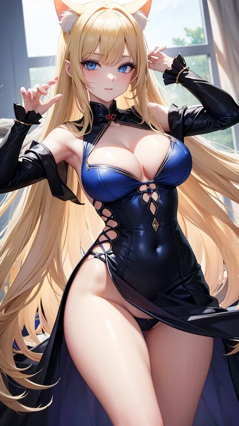 Please change the filled areas to part of the dress..,cat girl,long blonde hair,blue eyes,sexy,big chest,dressed as a sexy white and red warrior 