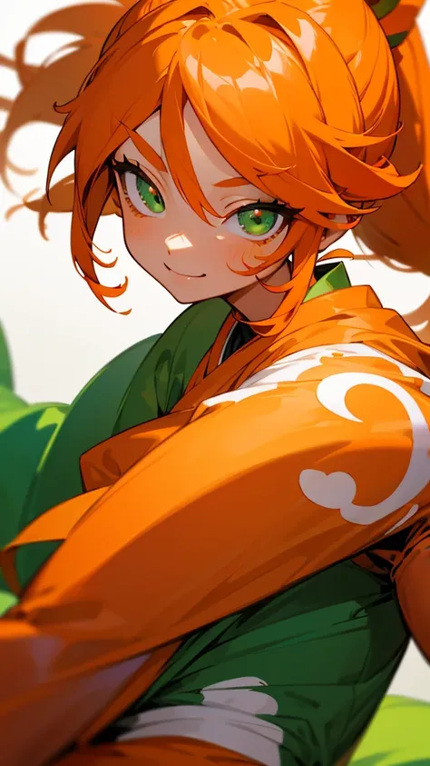 1 Girl、Anime-style paintingahjong、Orange clothes、Orange Hair、ponytail、Beautiful green eyes、Wicked Smile、Shrimp mascot、Upper body close-up