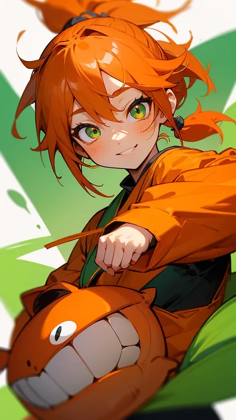 1 Girl、Anime-style paintingahjong、Orange clothes、Orange Hair、ponytail、Beautiful green eyes、Wicked Smile、Shrimp mascot、Upper body close-up