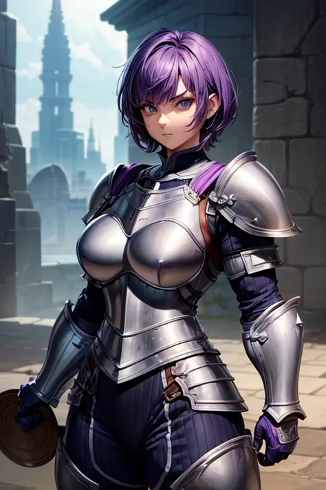 one female character, (musclegirl), ((short-hair)), purple hair, (medium breasts), (big-ass). very muscular, ((plate armor)), a gentleman, ((wearing armor that covers the entire body)), (((a draconian armor)))