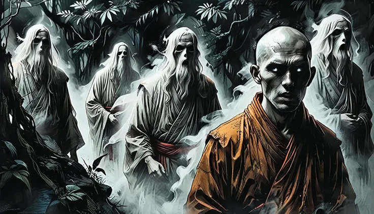 ((side view):2),close up portrait of line ghosts of Buddhist monks, many ghosts, without faces, shadows, night, jungle, fog, opened mouth, graphic style of novel comics, 2d, 8k, hyperrealism, masterpiece, high resolution, best quality, ultra-detailed, supe...