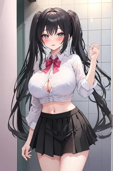 A woman with big ，Black long hair，twintails，Exquisite，Short shirt，skirt，Slim waist，Show your belly button，blush，A cute daughter，Large bathroom，Bright Light，ahegao，