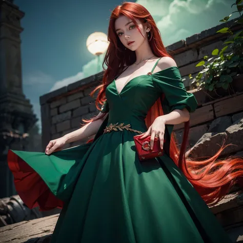 Girl with red hair and emerald green dress, with red magic in his hands and he is looking at his hand, at night