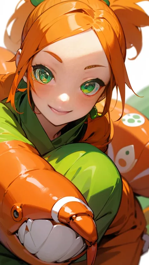 1 Girl、Anime-style paintings、Dice、Orange clothes、Orange Hair、ponytail、Beautiful green eyes、Wicked Smile、Shrimp mascot、Upper body close-up