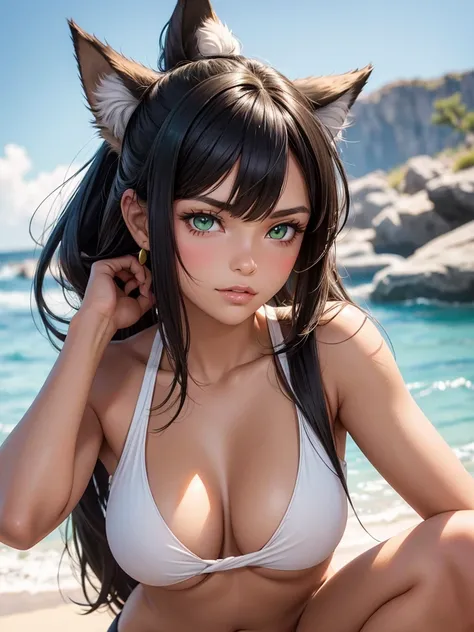 (best quality), 1girl, female, bronze skin, black hair, high ponytail, side swept bangs, long hair, green eyes, perfect eyes, tan lines, (wolf ears), smug, masterpiece, anatomically correct, highres
