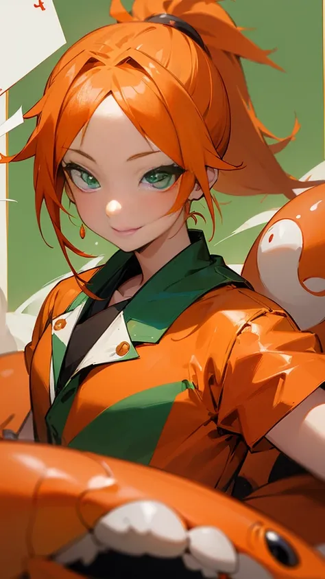 1 Girl、Anime-style paintings、Poker Games、Orange clothes、Orange Hair、ponytail、Beautiful green eyes、Wicked Smile、Shrimp mascot、Upper body close-up