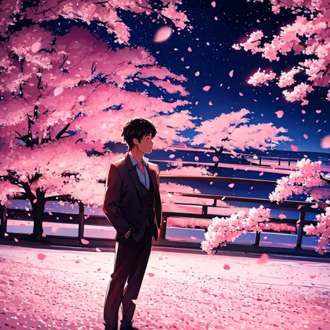 a man standing alone among the cherry blossoms at night. a man who has just gotten over a broken heart and is about to take a st...