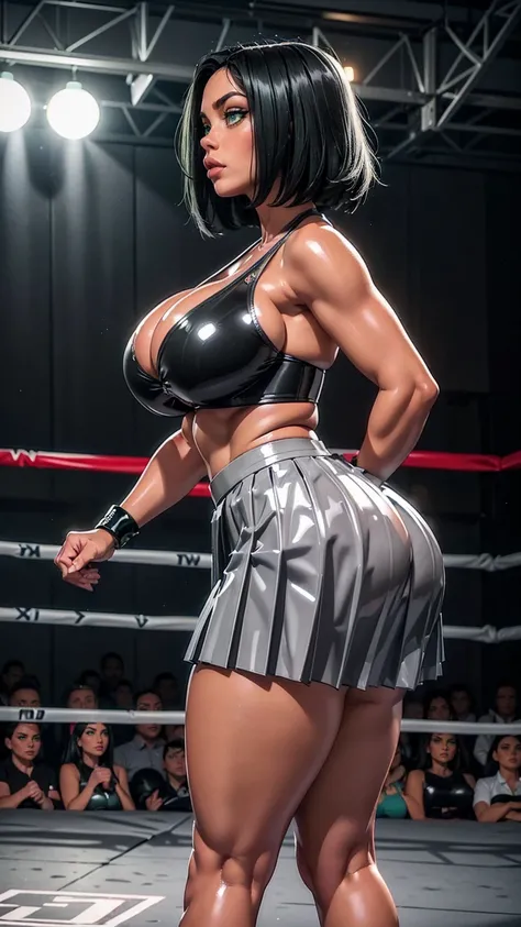 very beautiful, thicc Caucasian female american, green colored eyes, ((stylish black hair)), spectacular woman (full body 1.3), short black hair, wide hips, thicc curvy body, ((deep cleavage, firm round breasts)), thicc, (thick thighs), thick calves, stron...