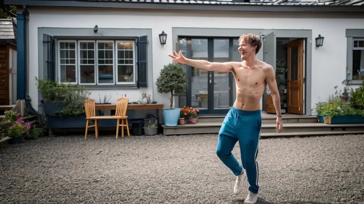 a man with no shirt dancing outside the house, funny, kids laughing, in norway