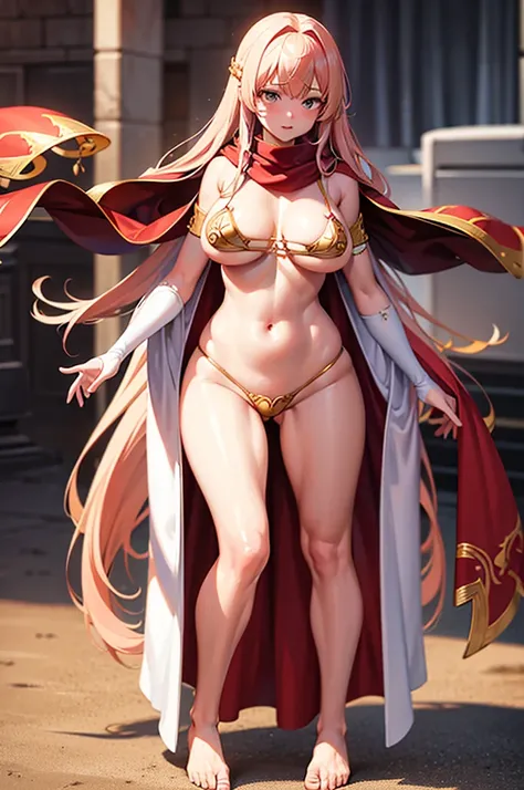 extremly detaled, dynamic sexy pose, bare feet, detaled feet, feet focus perspective,goddess, shine gold  heavy armor with red finish, long white hair, red cape and scarf, midget, gold hair clip, big tits, bra